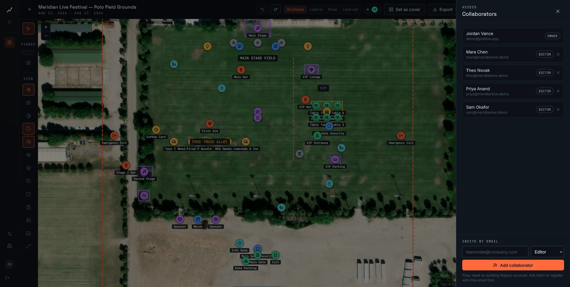 Mapzio collaborators panel showing the production team with editor access to the site plan