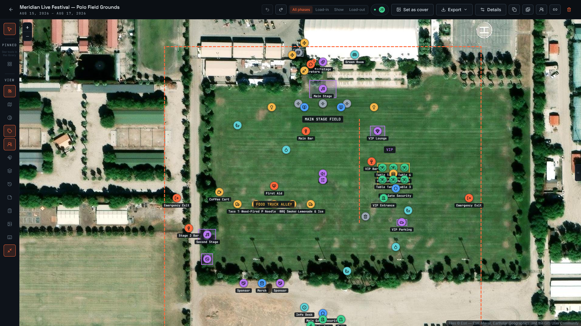 Mapzio editor showing the Meridian Live Festival site plan drawn over satellite imagery, with stages, bars, VIP areas and emergency exits marked