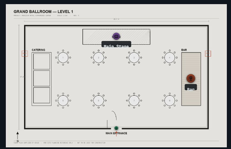 Mapzio editor showing an uploaded ballroom floor plan with round tables, a stage and a bar drawn to scale