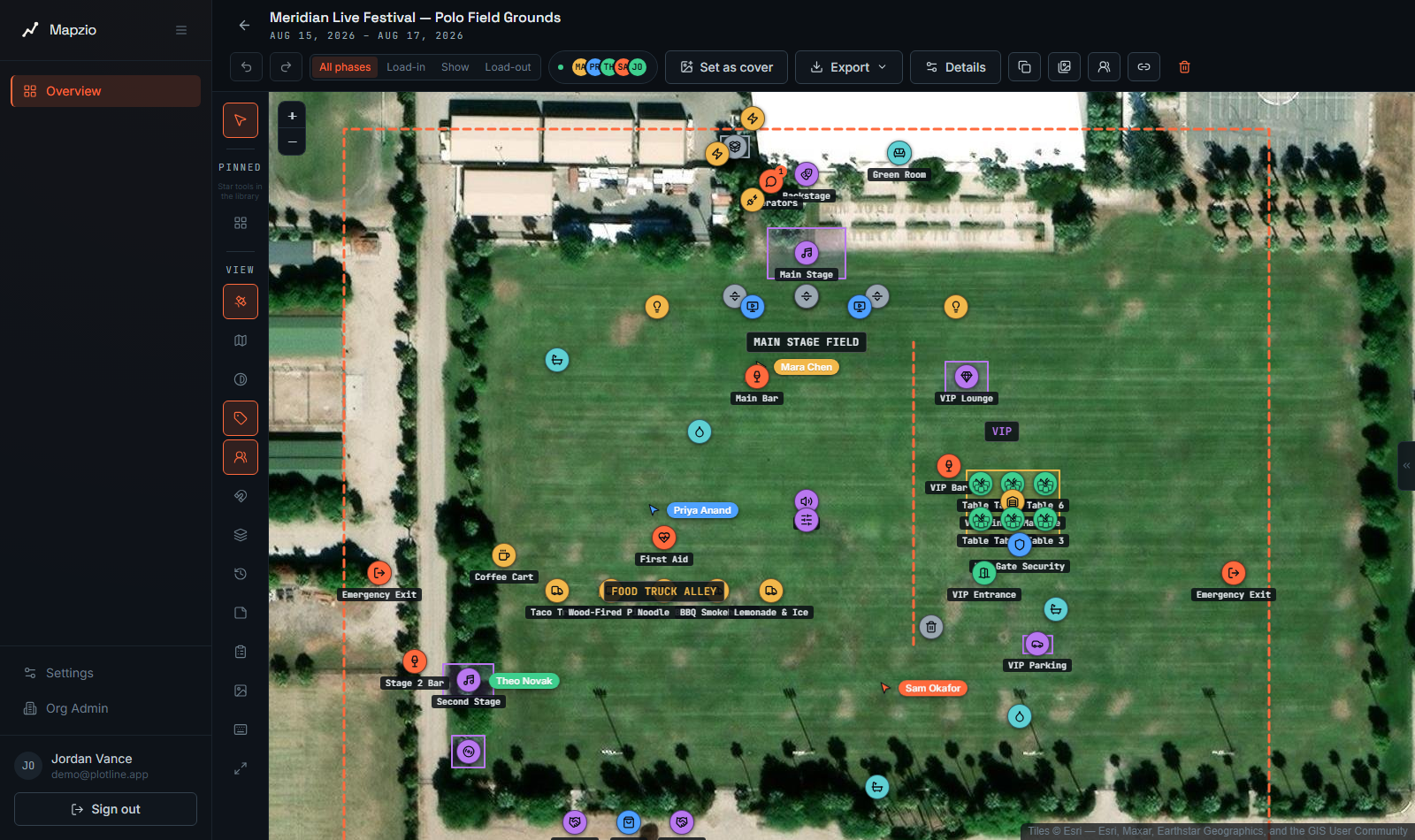 Two collaborators, Mara Chen and Priya Anand, editing the same site plan live with their names visible on the map